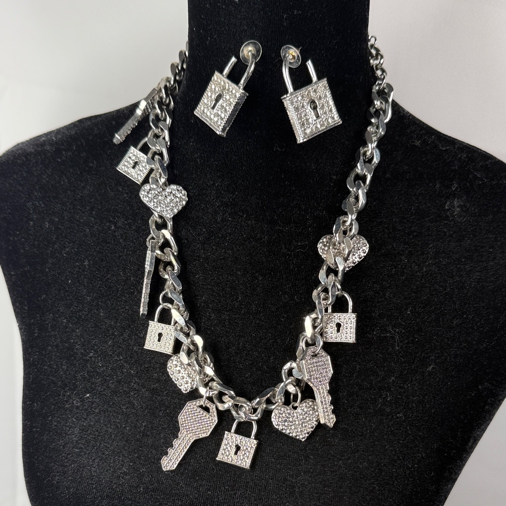 Sassy Jones Silver Tone Padlock & Key Charm Necklace With Matching Earrings